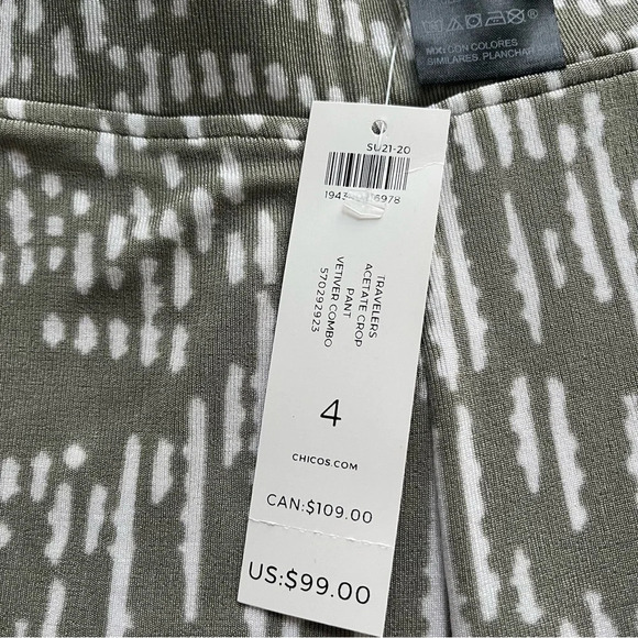 Chicos Travelers wide leg pull on pants sage green cream crop  4 / XXL new - Picture 2 of 8